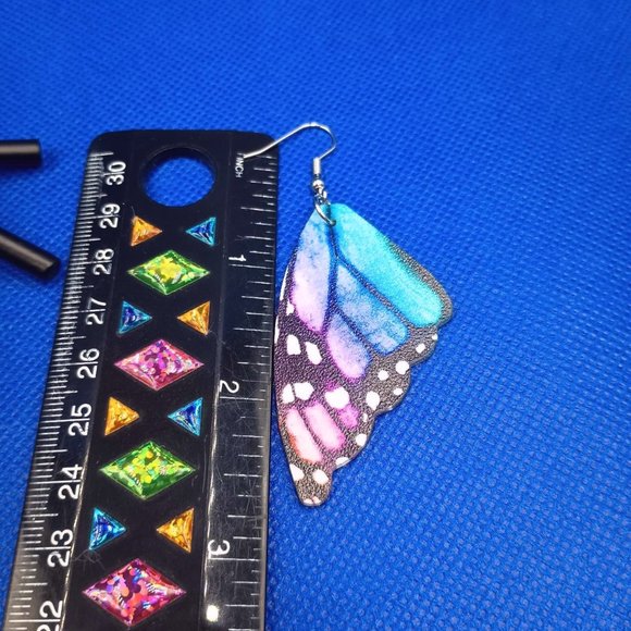 Vegan Leather Blue/Pink Butterfly Wing Earrings. - Picture 3 of 4